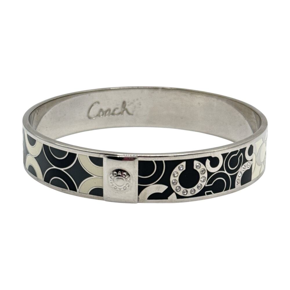 COACH Signature C Enamel Slip-On Bangle Bracelet Silver Black Cream Rhinestone